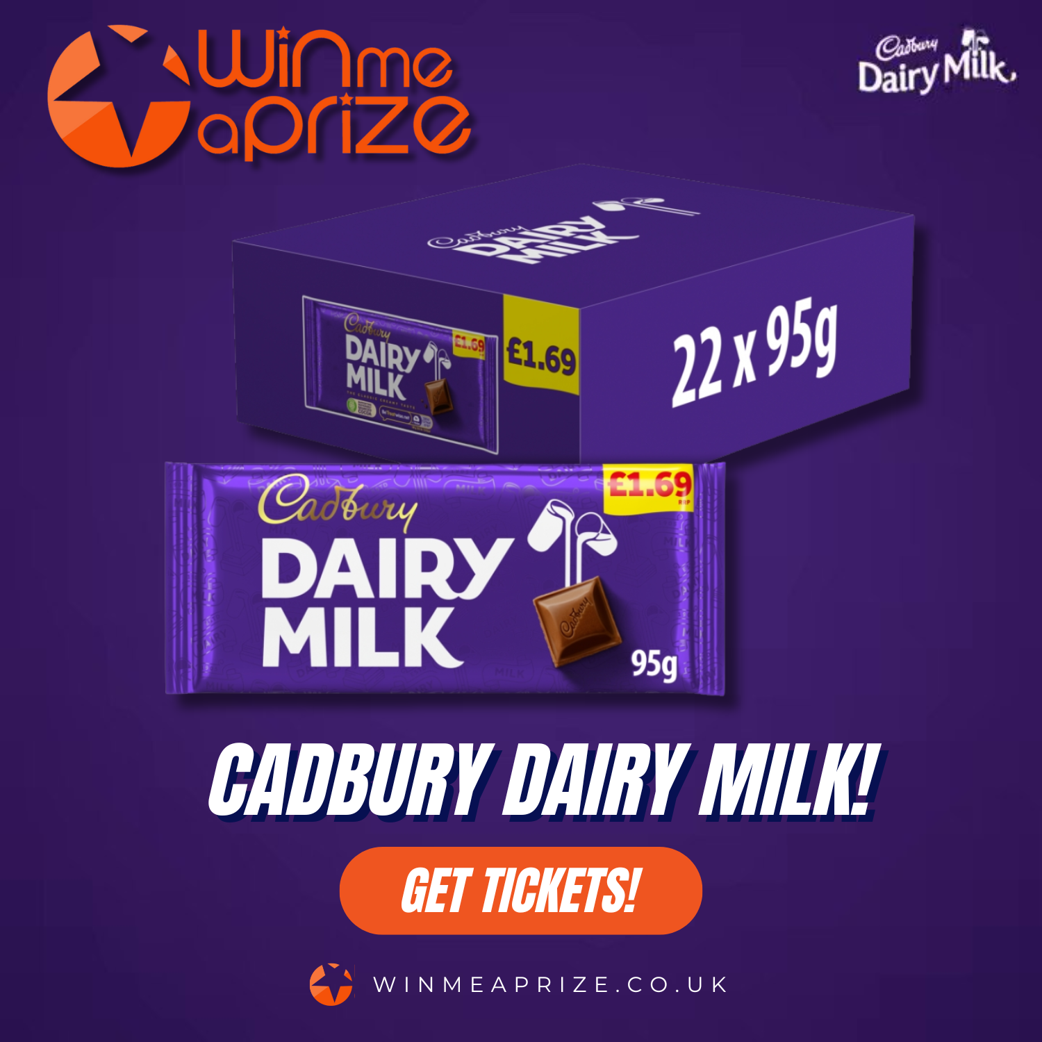 Tim won Cadbury Dairy Milk Chocolate 22 x 95g Bars